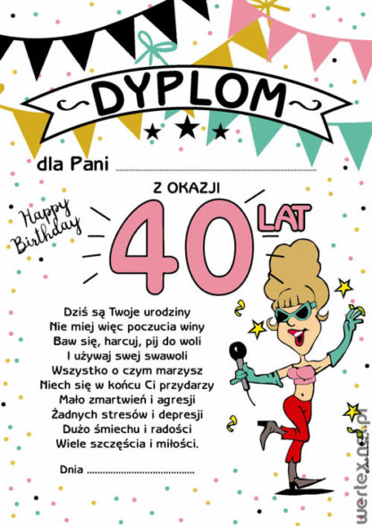 Dyplom dla Pani z okazji 40 lat